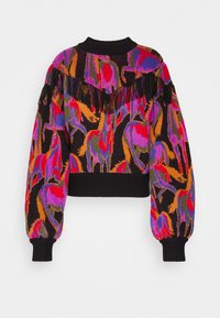 Pull en tricot aux couleurs vives, présentant des motifs abstraits, des franges sur les épaules, ainsi que des poignets et un ourlet côtelés. Design court coupé.