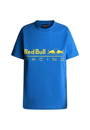 Modrá bavlnená tričko s logom "Red Bull Racing" v žltej farbe, so strižením rovného strihu a krátkymi rukávmi. Bez vzorov alebo akcentov.