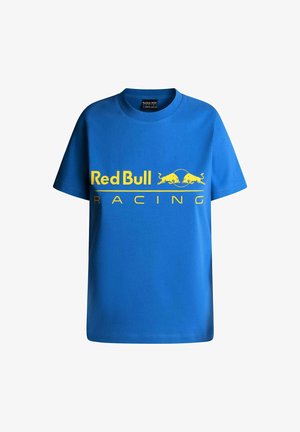 Plava pamučna majica s "Red Bull Racing" logom u žutoj boji, ravnog kroja i kratkim rukavima. Bez uzoraka ili dodataka.