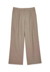 Lichtbruine, wijde broek met plooien, gemaakt van een gestructureerde stof. Bevat zijzakken en een op maat gemaakte tailleband.