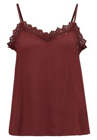 Camisón burdeos con encaje en el escote y en los tirantes, fabricado con una suave textura y un diseño holgado.