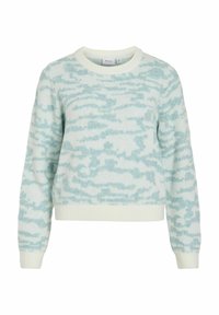 Maglione azzurro chiaro e bianco con motivo a fantasia, scollo rotondo, maniche lunghe e polsini a coste. Texture a maglia con finitura morbida.