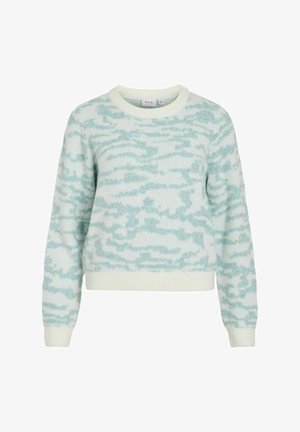 Lyseblå og hvid mønstret sweater med rund halsudskæring, lange ærmer og ribbede ærmekanter. Strikket tekstur med en blød finish.