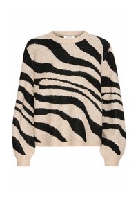 Pull beige à motif rayé zèbre noir audacieux, texture tricotée, col rond et manches longues légèrement bouffantes.