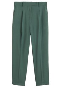 Groene op maat gemaakte broek met een gladde textuur, voorzien van voorplooien, een platte tailleband en taps toelopende pijpen met opgerolde manchetten.