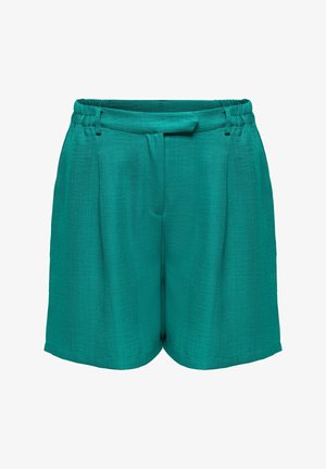Shorts taille haute bleu sarcelle avec ceinture élastique, ceinture en tissu et finition subtilement texturée.