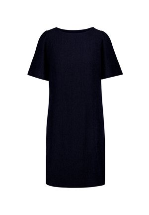 Robe noire à manches courtes, longueur genou, coupe droite et encolure arrondie, présentée sur un fond blanc.