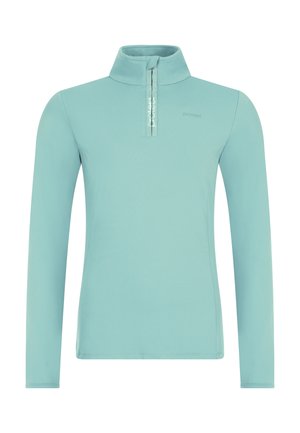 Pullover azzurro chiaro a maniche lunghe con colletto a zip. Realizzato in materiale liscio ed elasticizzato. Presenta un logo sul petto e un design aderente.