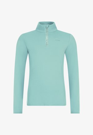 Světle modrý pulovr s dlouhým rukávem a zipovým límcem. Vyrobeno z hladkého a pružného materiálu. Disponuje logem na hrudi a má slim fit střih.