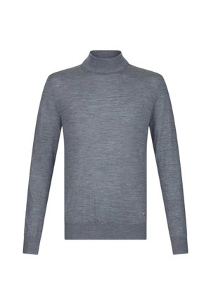 Maglione grigio a collo alto realizzato in morbido materiale a maglia. Presenta maniche lunghe, una forma aderente e un piccolo logo decorativo sull'orlo.