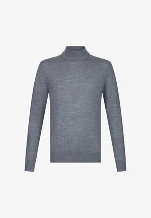 Maglione grigio a collo alto realizzato in morbido materiale a maglia. Presenta maniche lunghe, una forma aderente e un piccolo logo decorativo sull'orlo.