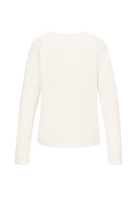 Weißer Pullover mit langen Ärmeln aus strukturiertem, weichem Material. Rundhalsausschnitt und gerippte Bündchen und Saum. Hat ein einfaches, sauberes Design.