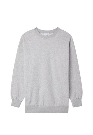 Felpa grigia chiara a maniche lunghe con colletto rotondo e polsini e orlo a costine, esposta su uno sfondo bianco.