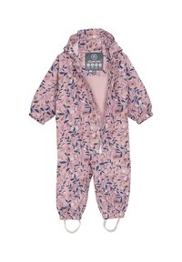 Tuta da pioggia per bambini in rosa con cappuccio, polsini elasticizzati, sottopiedi e zip frontale, esposta aperta per mostrare la fodera in rete e l'etichetta del marchio.
