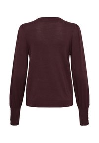 Pull en maille marron foncé à manches longues avec poignets côtelés ornés de petits boutons, vu de dos sur fond blanc.