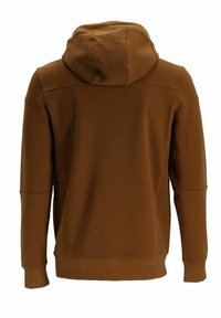 Sweat à capuche marron à manches longues vu de dos avec une capuche, des détails de coutures aux épaules et aux coudes, et des bords-côtes aux poignets et à l'ourlet.