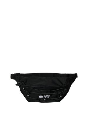 Sac banane noir Superdry avec sangle réglable, poche avant zippée, détail cordon élastique et broderie du logo blanc au centre avant.