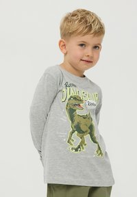 T-shirt grigio a maniche lunghe con grafica di un dinosauro verde con parti etichettate. Materiale in cotone morbido e vestibilità comoda.