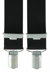 Schwarze Hosenträger aus strukturiertem Stoff, mit silbernen Metallclips an beiden Enden zur Befestigung. Schlichtes Design ohne zusätzliche Verzierungen.