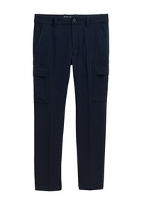Marineblaue Slim-Fit-Cargohose mit seitlichen Klappentaschen, vorderen Seitentaschen, Gürtelschlaufen und Knopfverschluss an der Taille.