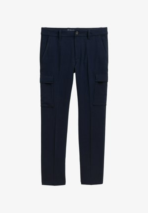 Námornícky modré slim-fit cargo nohavice s bočnými vreckami na klapku, prednými bočnými vreckami, pútkom na opasok a uzatváraním na gombík v páse.