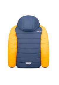Padded jacket with a blue body and orange sleeves, featuring a hood and reflective accents at the bottom for visibility.