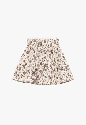 Geblümter Rock mit elastischem Bund, cremefarbenem Hintergrund, kurzer Länge, mit lila und braunen Blumenmustern.