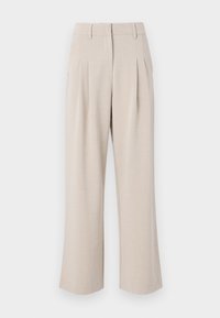 Beige wide-leg trousers with a high waist, featuring front pleats, a smooth texture, and a tailored design. No visible pockets or embellishments.