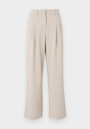 Beige wide-leg trousers with a high waist, featuring front pleats, a smooth texture, and a tailored design. No visible pockets or embellishments.