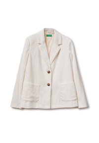 Krémový pruhovaný blazer s dvěma předními kapsami, dvěma hnědými knoflíky a výstřihem do V. Měkká tkanina a mírně texturovaný povrch.