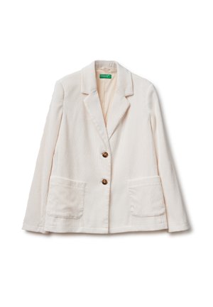 Blazer rayé crème avec deux poches avant, deux boutons marron et un col cranté. Tissu doux et finition légèrement texturée.