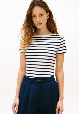 Tommy Hilfiger SLIM TEE - Nyomott mintás póló - ecru/dark night navy