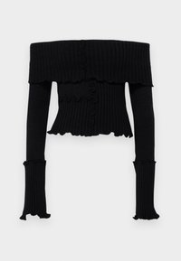 Haut noir côtelé, épaules dénudées, manches longues, avec bords à volants et coupe cintrée. Tissu doux avec finition texturée.