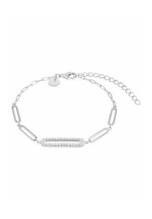 Zarter Silberarmband mit verlängerten ovalen Gliedern, eines davon mit kleinen Kristallen besetzt, und verstellbarem Kettenverschluss mit rundem Anhänger.