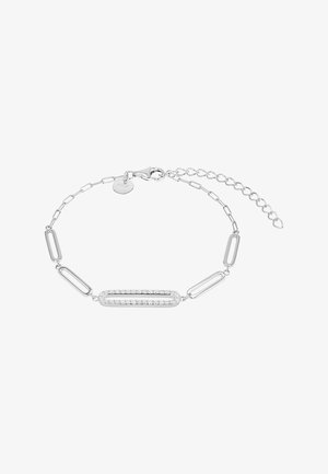 Delicata braccialetto in argento con maglie ovali allungate, una incastonata con piccoli cristalli, e chiusura a catena regolabile con ciondolo rotondo.