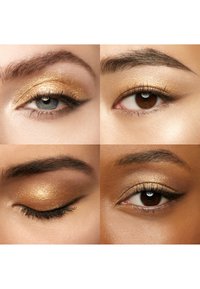 Vier Nahaufnahmen von Augen mit goldfarbenem Lidschatten. Die Texturen variieren: schimmernd, matt und ein dramatischer, nach außen gezogener Lidstrich.