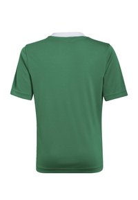 Jersey atlético verde con mangas cortas, que presenta un cuello blanco. La tela parece suave y ligera. Vista trasera mostrada.