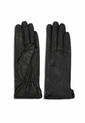 Czarne skórzane rękawiczki o gładkiej fakturze, charakteryzujące się dopasowanym krojem i marszczonym detalem przy nadgarstku. Pięć palców, elegancki design i brak ozdób.
