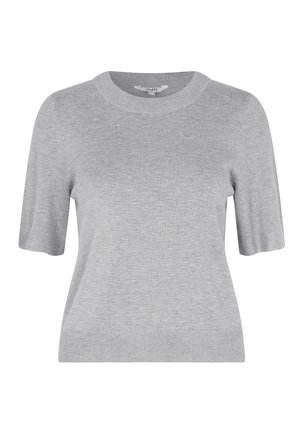 Pull en maille gris à manches courtes avec un col rond et des poignets côtelés. Le tissu est d'une texture lisse et présente un design simple et épuré.