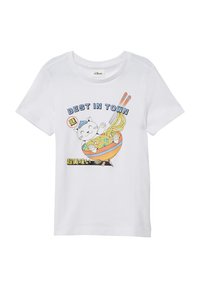 Biały bawełniany T-shirt z nadrukiem kreskówkowego kota z makaronem w misce, tekst "NAJLEPSZY W MIEŚCIE" oraz pałeczkami; kolorowy projekt graficzny.