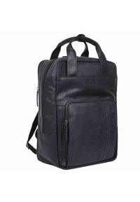 Zaino in pelle nera con manici doppi e spallacci regolabili, dotato di una tasca frontale con zip e una texture liscia.