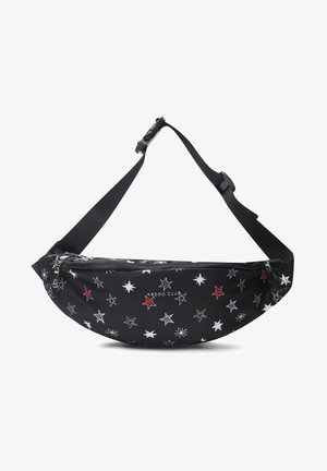 Marsupio nero con motivo a stelle in bianco e rosso, dotato di chiusura con zip e tracolla nera regolabile. La texture del tessuto è liscia.