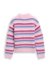 Pull en tricot avec des rayures horizontales rose, violet et bleu. Poignets et encolure côtelés avec un design texturé et confortable.