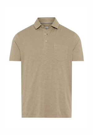 Beiges Kurzarm-Poloshirt mit Kragen, drei Knöpfen und Brusttasche auf weißem Hintergrund.