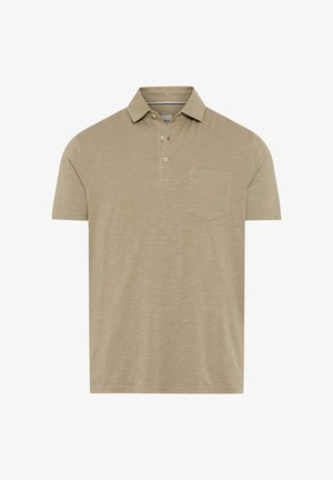Beiges Kurzarm-Poloshirt mit Kragen, drei Knöpfen und Brusttasche auf weißem Hintergrund.