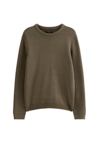 Maglione a maglia verde oliva con scollo rotondo a girocollo, polsi e orlo a costine, caratterizzato da un tessuto testurizzato e una vestibilità ampia.