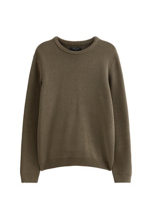 Olijfgroene gebreide trui met een ronde crewneck, geribbelde manchetten en zoom, kenmerkend door een gestructureerde stof en een losse pasvorm.