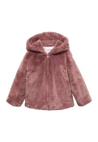 Chaqueta de piel sintética en rosa empolvado con capucha, cierre frontal con cremallera y mangas largas. Textura suave y sin detalles de hardware visibles.