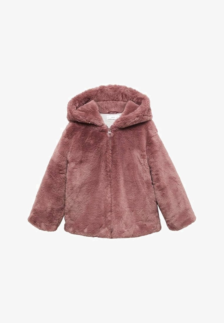 Faux fur jacket in dusty rose with a hood, front zip closure, and long sleeves. Soft texture and no visible hardware details.