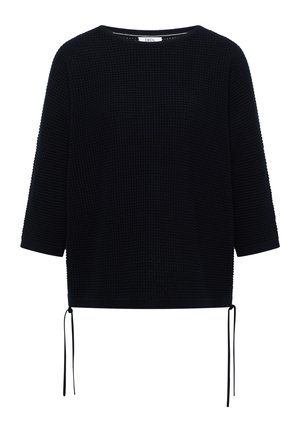 Pull en maille texturée noire avec manches trois-quarts et cordons à nouer suspendus à l'ourlet des deux côtés.